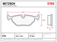 NETZSCH D763 brake pad drawing, 17 mm thick