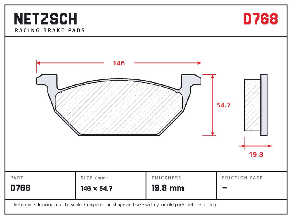 NETZSCH D768 brake pad drawing, 19.8 mm thick