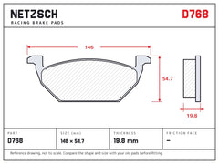 NETZSCH D768 brake pad drawing, 19.8 mm thick