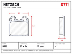NETZSCH D771 brake pad drawing, 15 mm thick