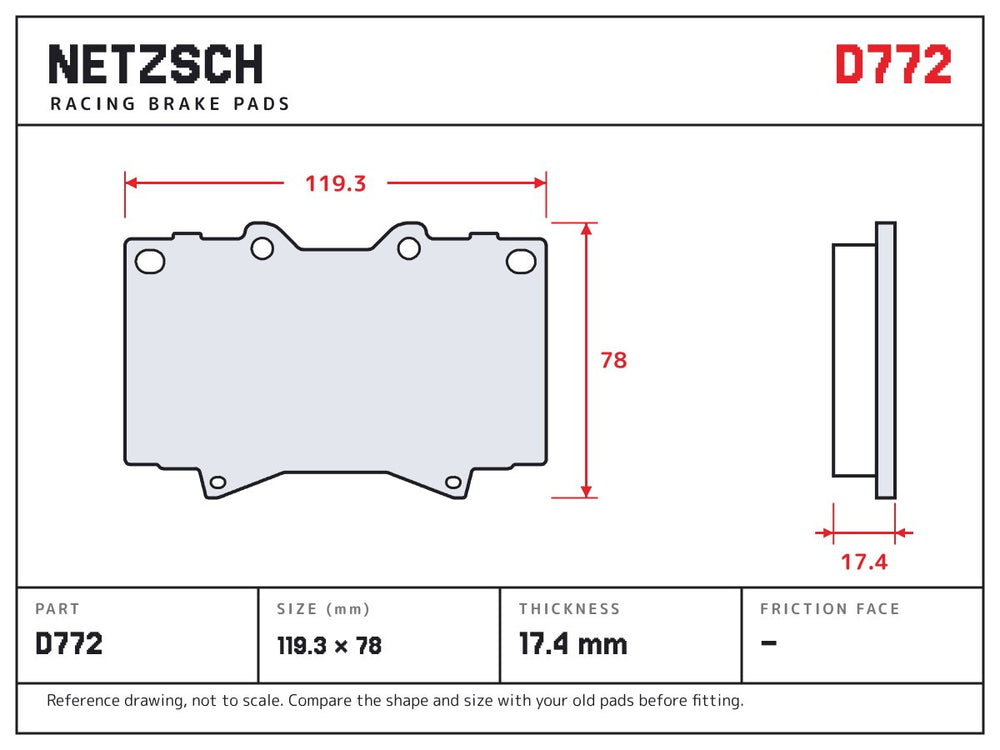NETZSCH D772 brake pad drawing, 17.4 mm thick