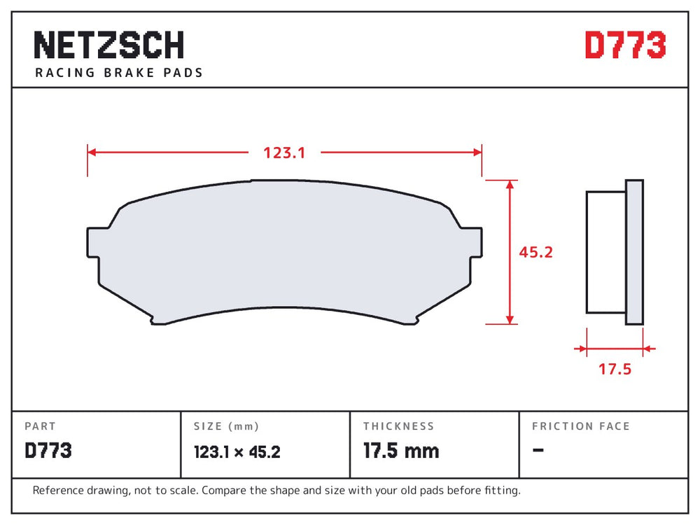 NETZSCH D773 brake pad drawing, 17.5 mm thick
