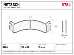 NETZSCH D784 brake pad drawing, 19 mm thick