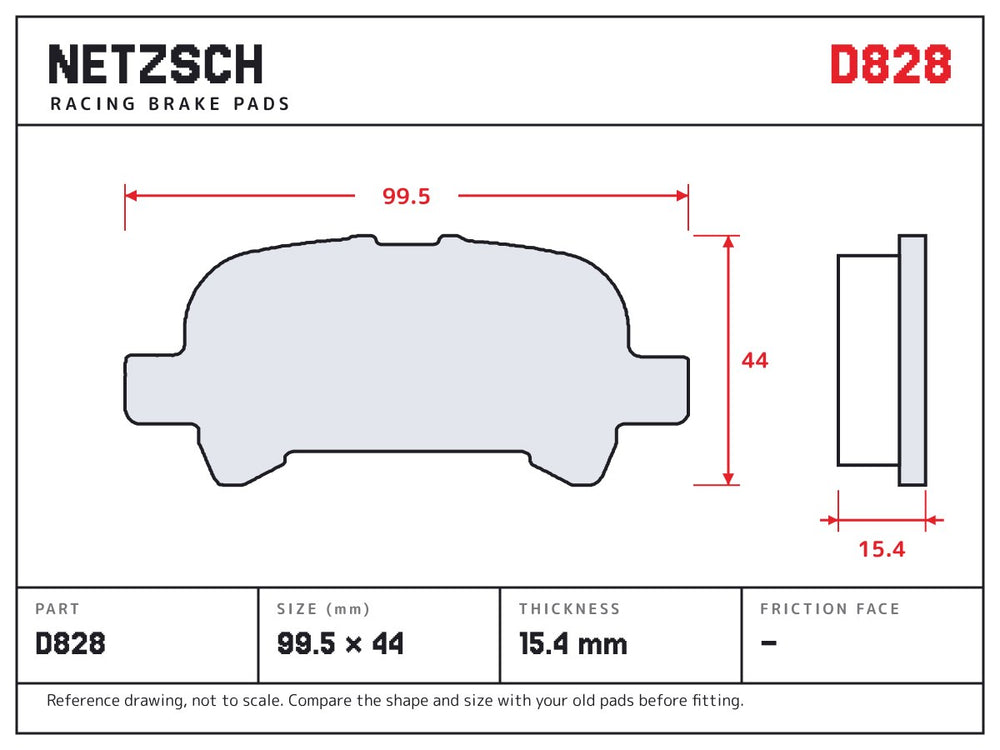NETZSCH D828 brake pad drawing, 15.4 mm thick
