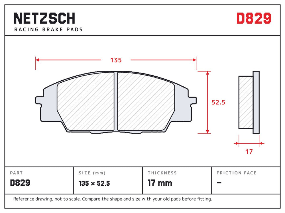 NETZSCH D829 brake pad drawing, 17 mm thick