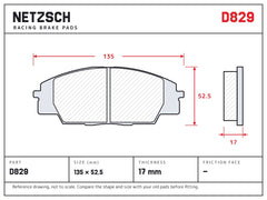 NETZSCH D829 brake pad drawing, 17 mm thick