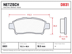 NETZSCH D831 brake pad drawing, 16.5 mm thick