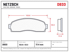 NETZSCH D833 brake pad drawing, 17.4 mm thick