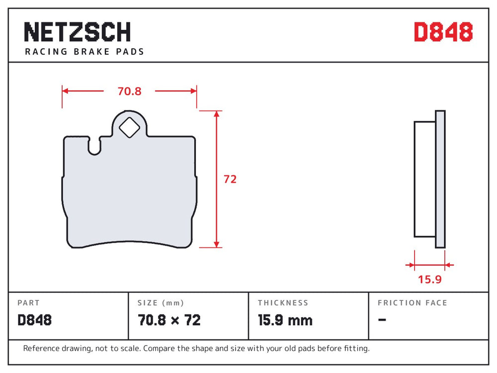 NETZSCH D848 brake pad drawing, 15.9 mm thick
