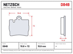 NETZSCH D848 brake pad drawing, 15.9 mm thick