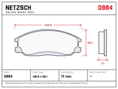 NETZSCH D864 brake pad drawing, 17 mm thick