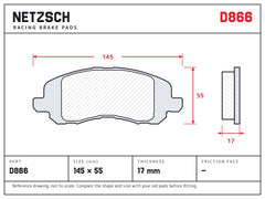 NETZSCH D866 brake pad drawing, 17 mm thick
