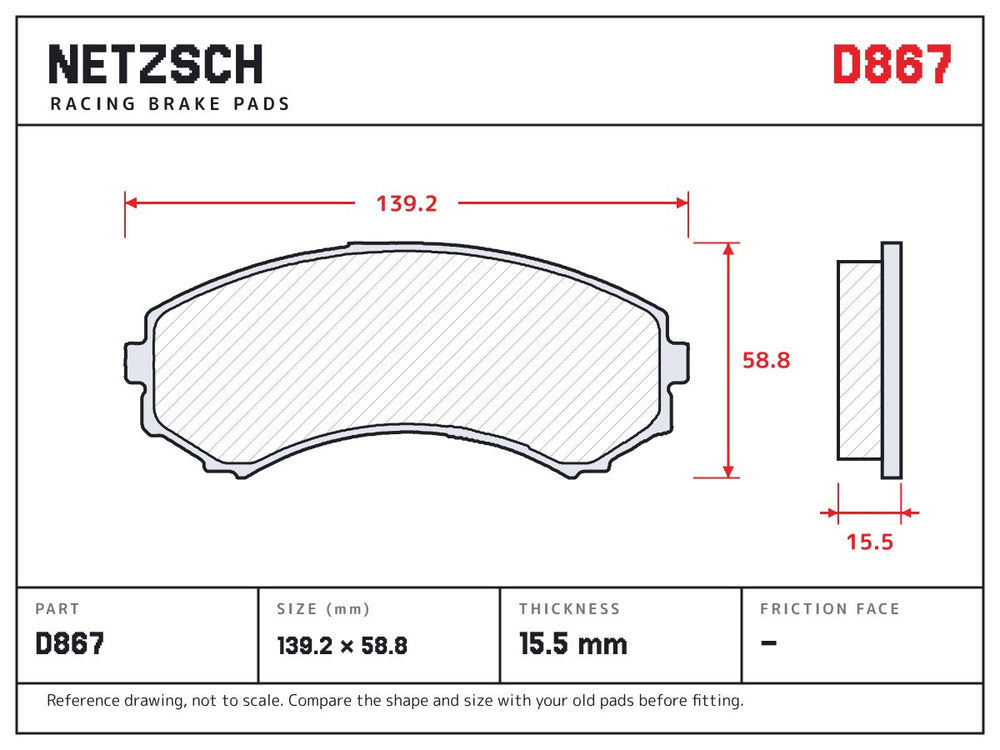 NETZSCH D867 brake pad drawing, 15.5 mm thick