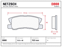 NETZSCH D868 brake pad drawing, 15.5 mm thick