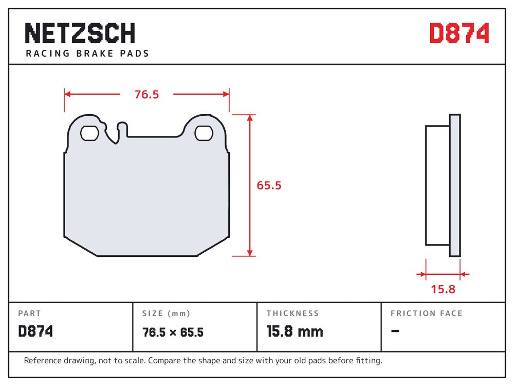 NETZSCH D874 brake pad drawing, 15.8 mm thick