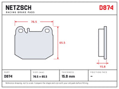 NETZSCH D874 brake pad drawing, 15.8 mm thick