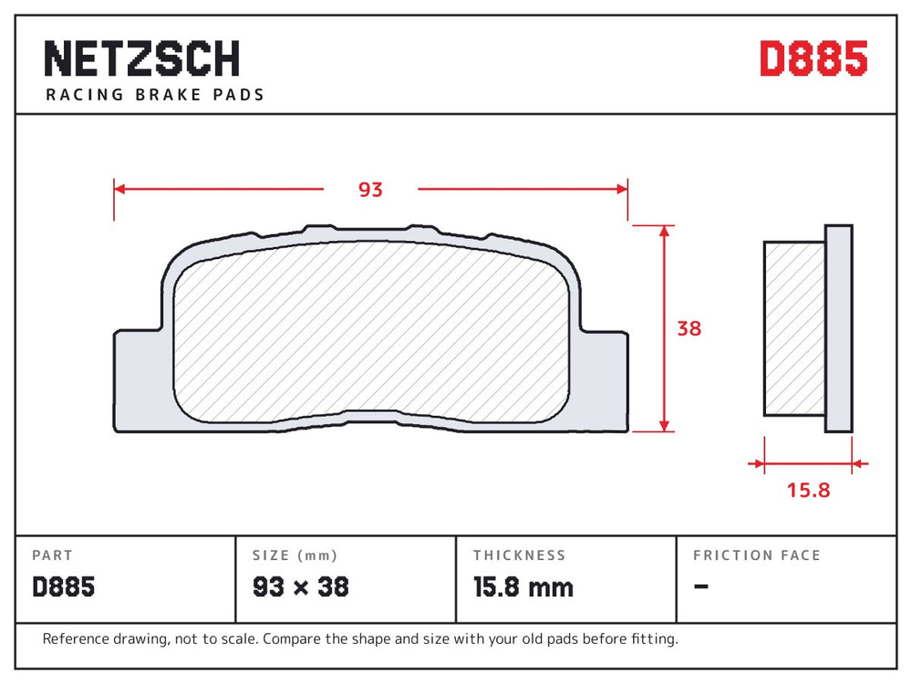 NETZSCH D885 brake pad drawing, 15.8 mm thick
