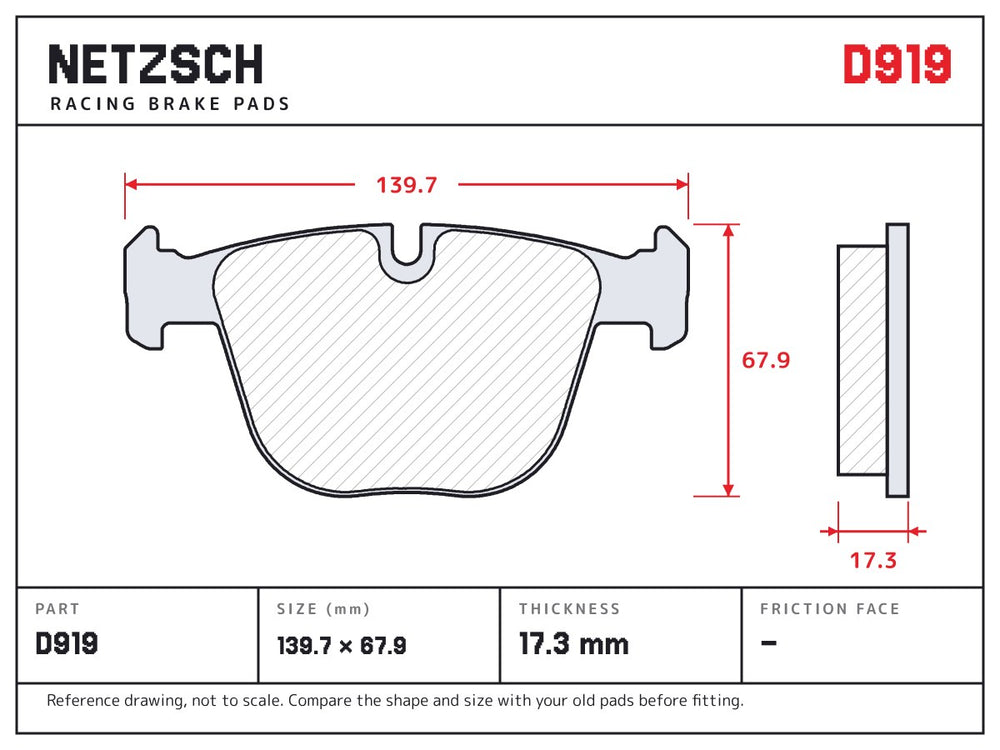 NETZSCH D919 brake pad drawing, 17.3 mm thick