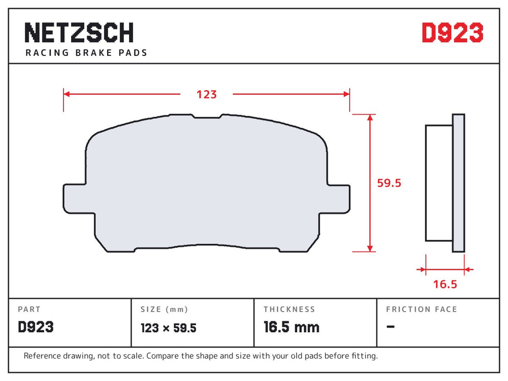 NETZSCH D923 brake pad drawing, 16.5 mm thick