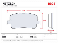 NETZSCH D923 brake pad drawing, 16.5 mm thick