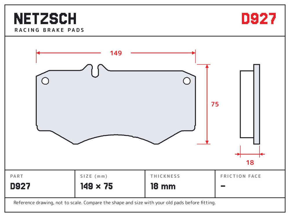 NETZSCH D927 brake pad drawing, 18 mm thick
