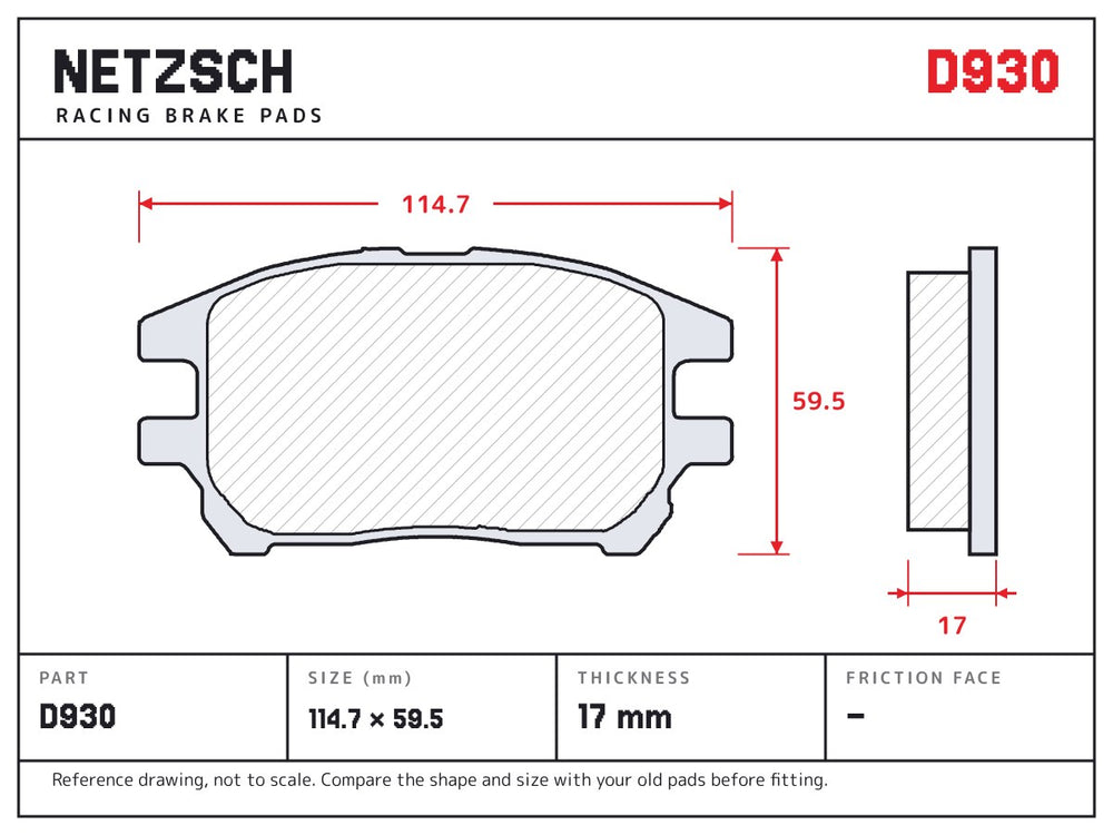 NETZSCH D930 brake pad drawing, 17 mm thick