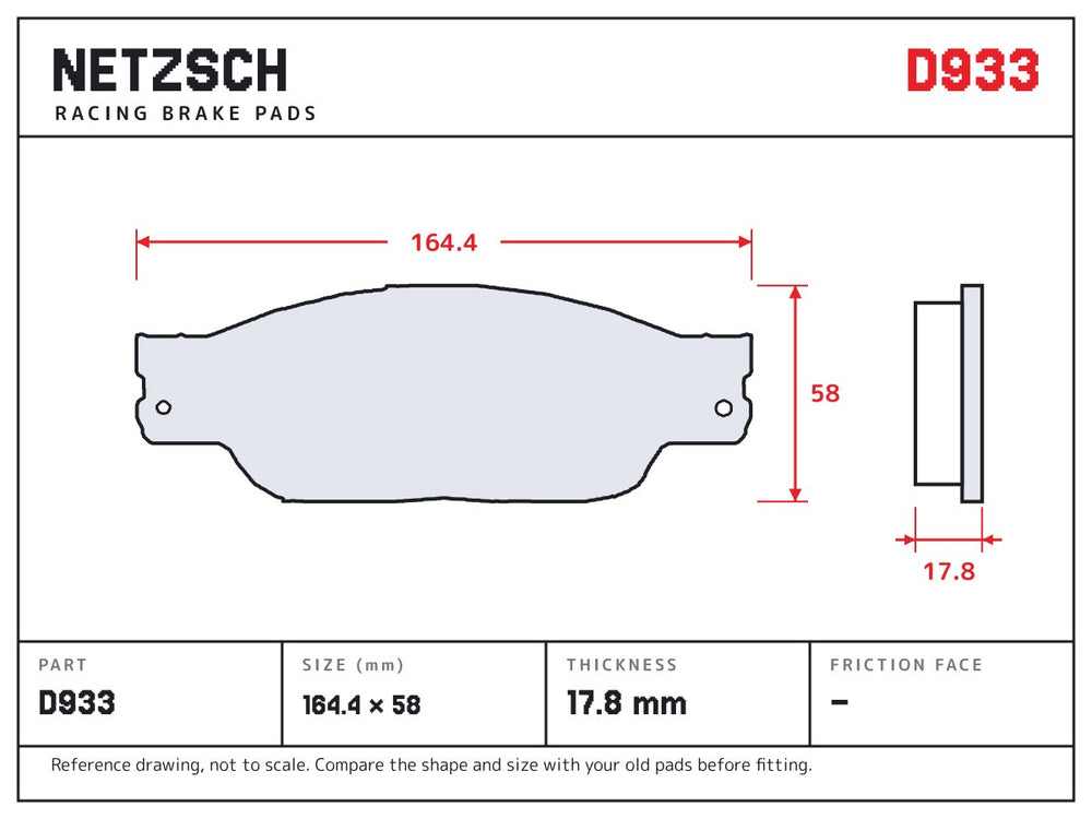 NETZSCH D933 brake pad drawing, 17.8 mm thick