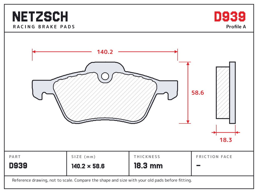 NETZSCH D939 brake pad drawing, 18.3 mm thick