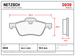 NETZSCH D939 brake pad drawing, 18.3 mm thick