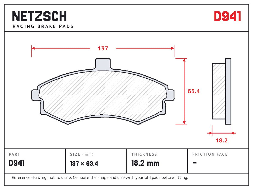 NETZSCH D941 brake pad drawing, 18.2 mm thick