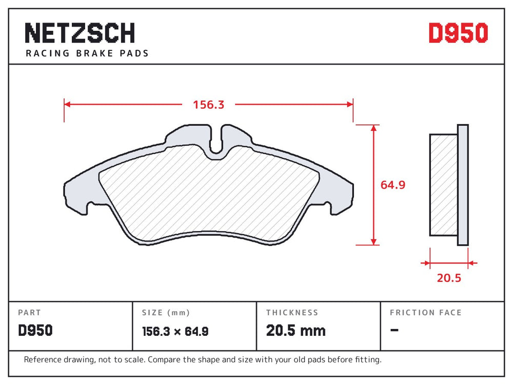 NETZSCH D950 brake pad drawing, 20.5 mm thick