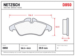 NETZSCH D950 brake pad drawing, 20.5 mm thick