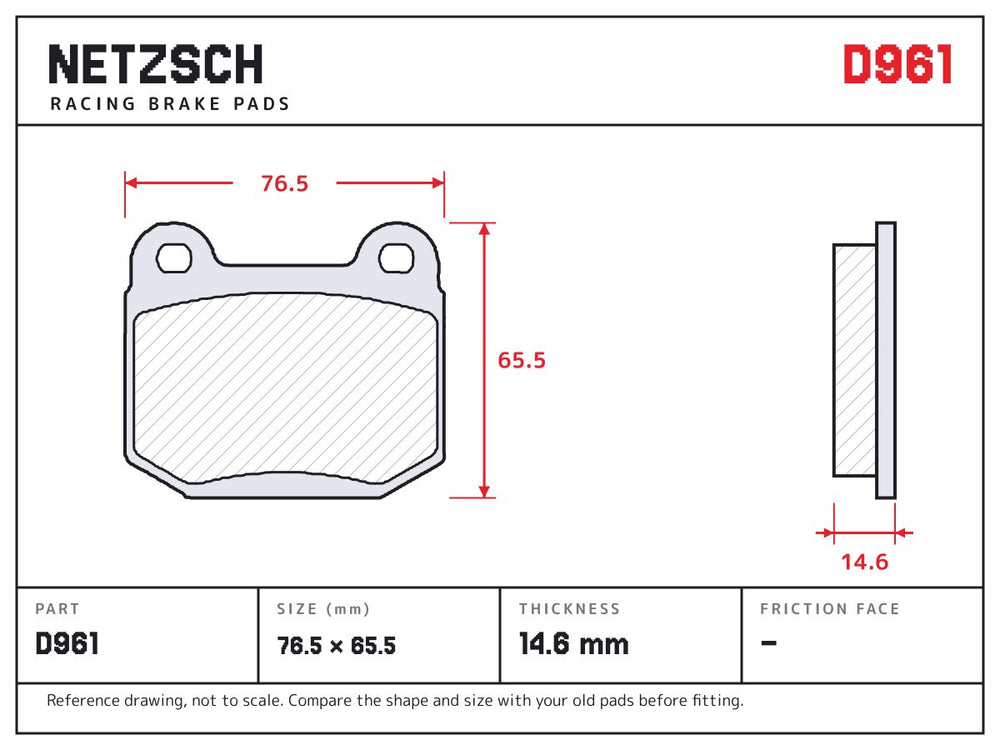 NETZSCH D961 brake pad drawing, 14.6 mm thick