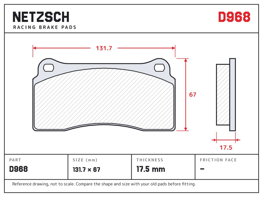 NETZSCH D968 brake pad drawing, 17.5 mm thick