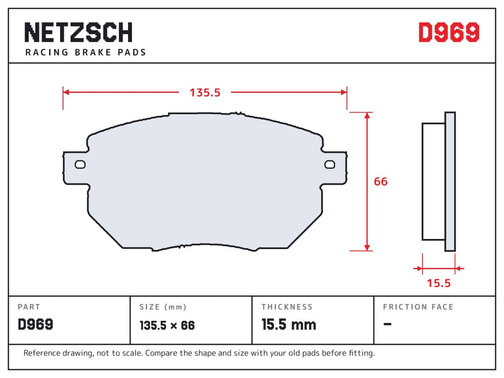 NETZSCH D969 brake pad drawing, 15.5 mm thick