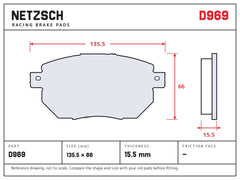 NETZSCH D969 brake pad drawing, 15.5 mm thick