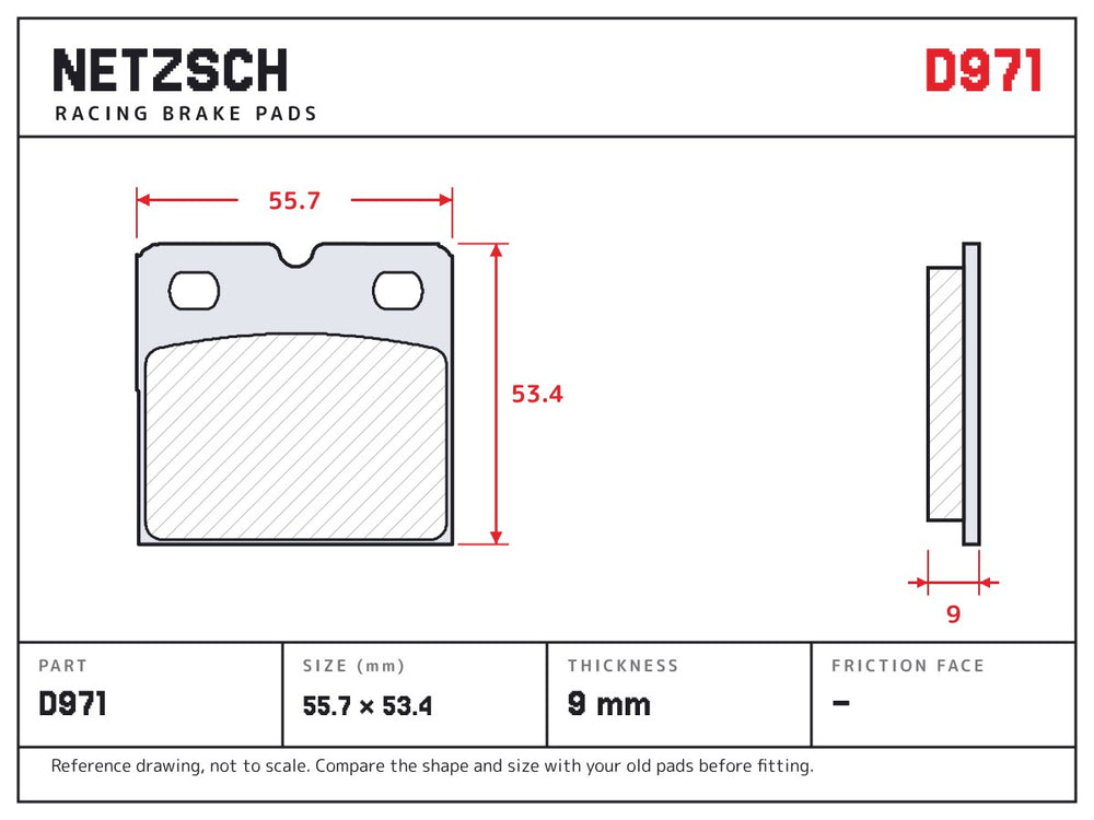NETZSCH D971 brake pad drawing, 9 mm thick