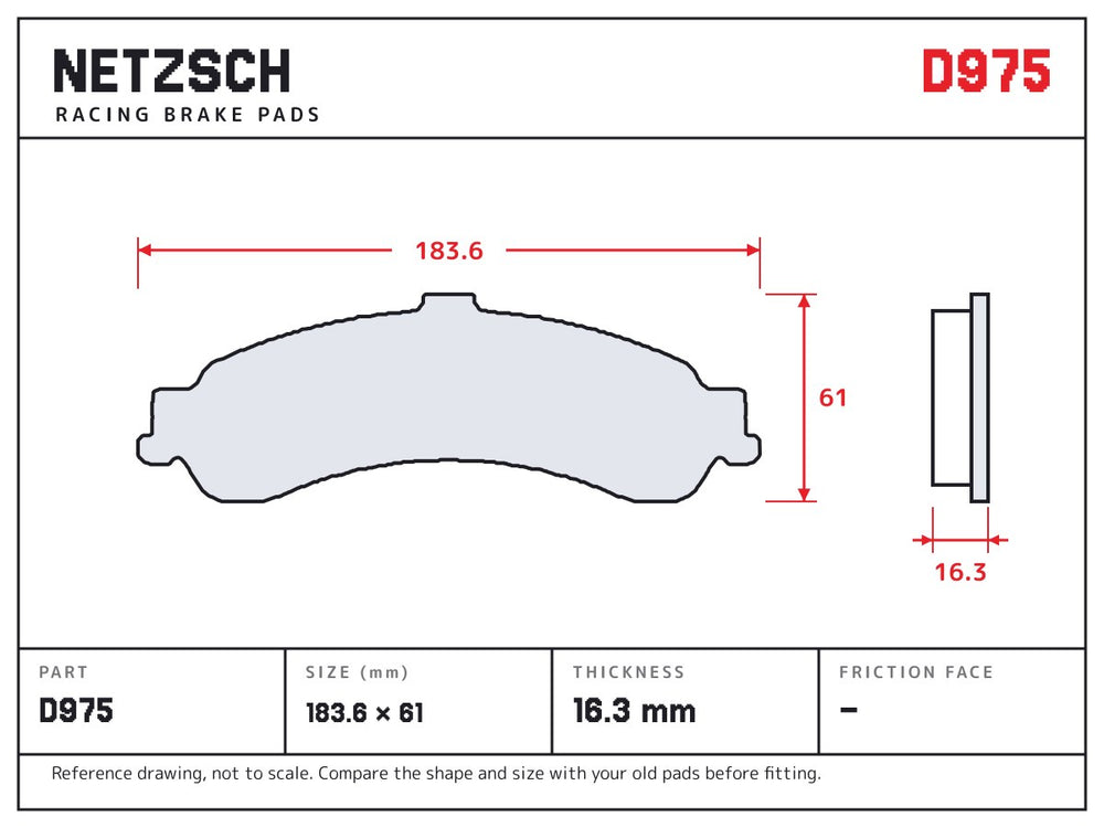 NETZSCH D975 brake pad drawing, 16.3 mm thick