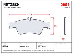 NETZSCH D986 brake pad drawing, 16.7 mm thick