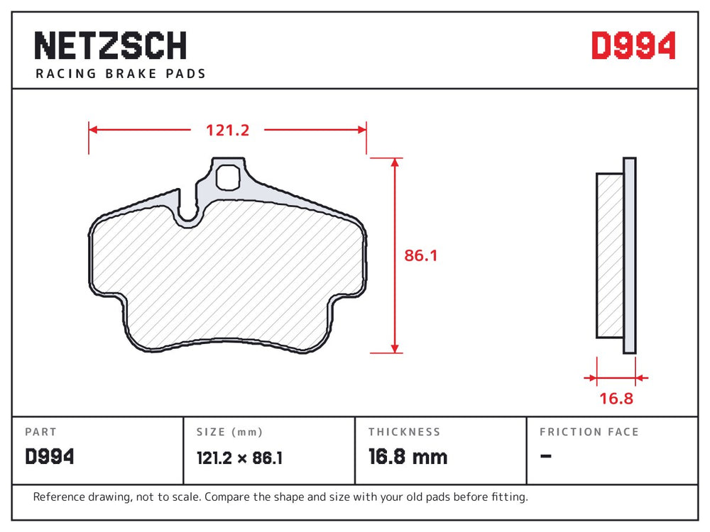 NETZSCH D994 brake pad drawing, 16.8 mm thick