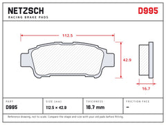 NETZSCH D995 brake pad drawing, 16.7 mm thick
