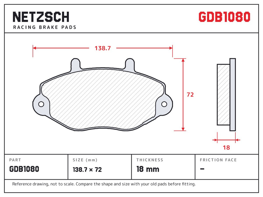 NETZSCH GDB1080 brake pad drawing, 18 mm thick