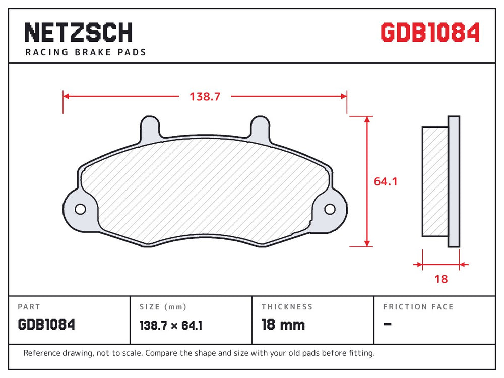 NETZSCH GDB1084 brake pad drawing, 18 mm thick