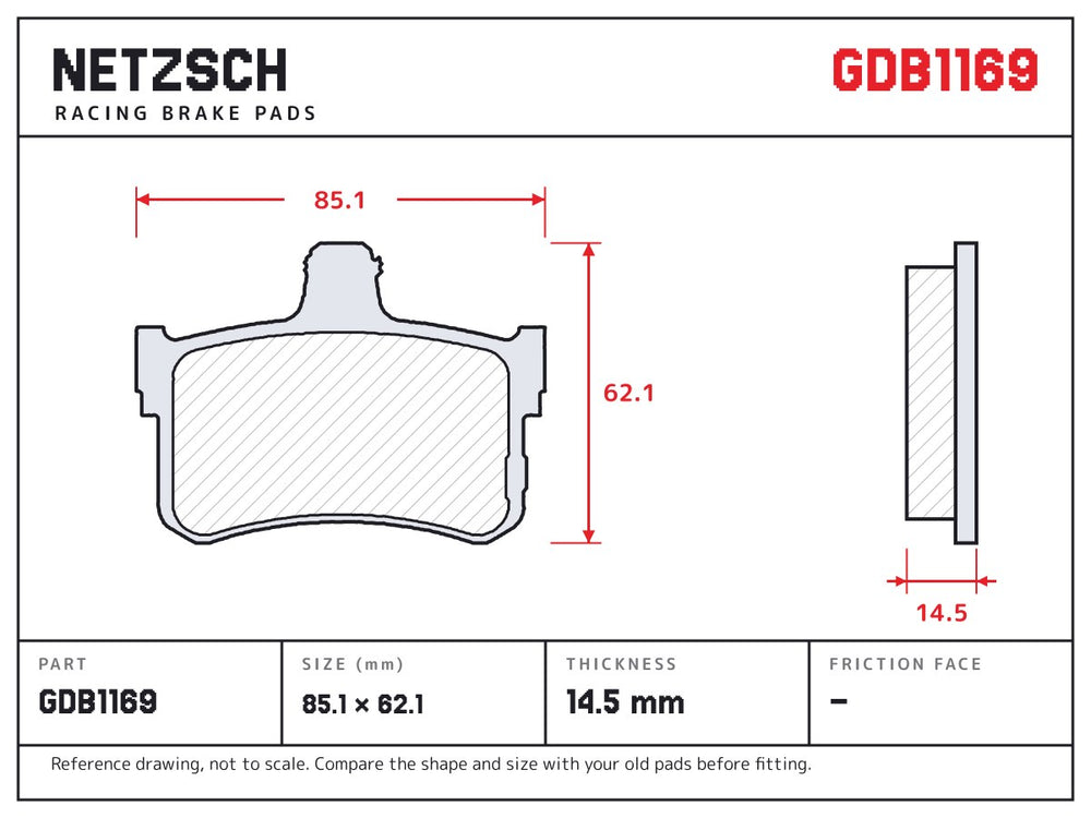 NETZSCH GDB1169 brake pad drawing, 14.5 mm thick