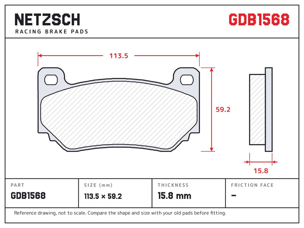 NETZSCH GDB1568 brake pad drawing, 15.8 mm thick