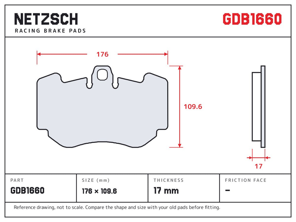 NETZSCH GDB1660 brake pad drawing, 17 mm thick