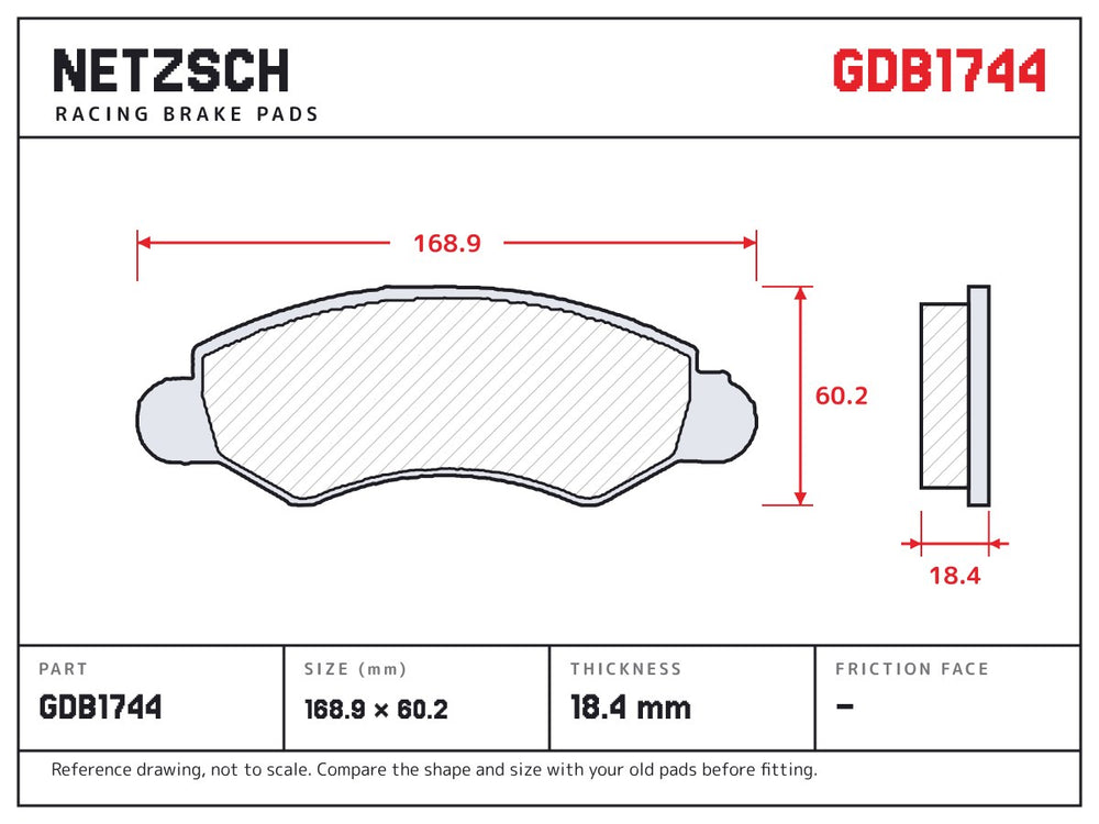 NETZSCH GDB1744 brake pad drawing, 18.4 mm thick