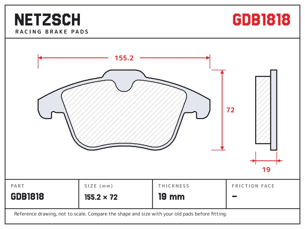 NETZSCH GDB1818 brake pad drawing, 19 mm thick
