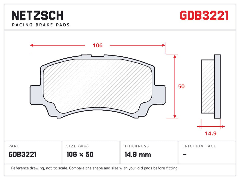 NETZSCH GDB3221 brake pad drawing, 14.9 mm thick