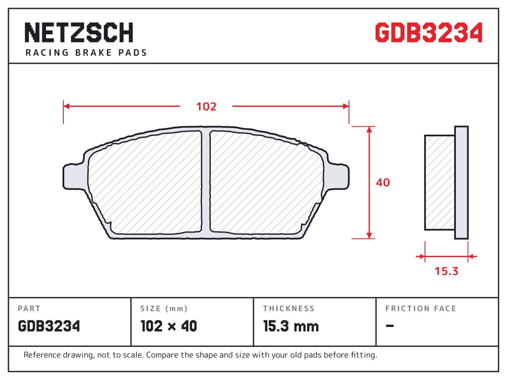 NETZSCH GDB3234 brake pad drawing, 15.3 mm thick